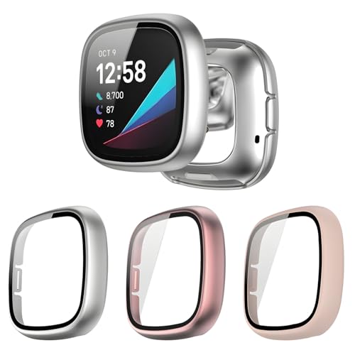 Kimiyaki 3 Pack for Fitbit Sense/Versa 3 Screen Protector Case [Full Coverage] Hard PC Bumper All-Around Protective Accessories for Fitbit Sense/Versa 3 Built-in Tempered Glass Film