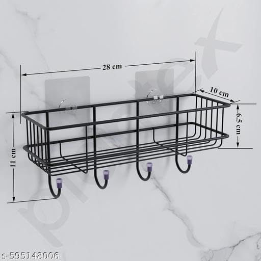 (Pack of 2) Steel Self-Adhesive Multipurpose Bathroom Shelf with Hooks/Towel Holder/Rack/Bathroom Accessories - Wall Mount - Pack of 2 (Black,Powder Coated)|SHK-P2443 2
