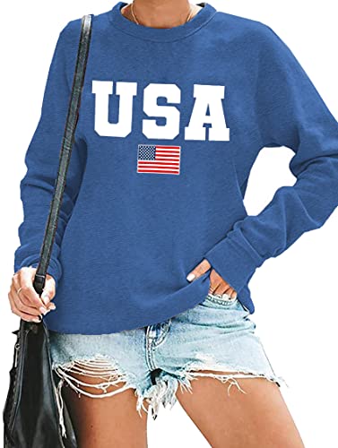 Image of LAZYCHILD USA Sweatshirt Women American Flag Shirt Patriotic TShirt Stars Stripes Pullover 4th of July Tee Tops