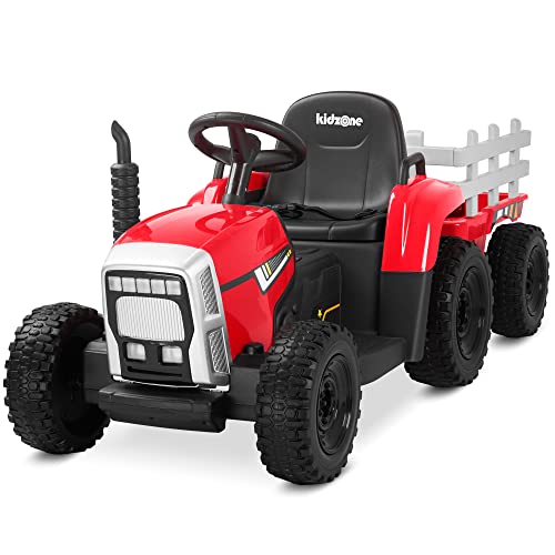 Image of Kidzone 12V 7AH Premium Version with EVA Treaded Tires Dual 35W Motors Boost Power Torque Remote Control Powered Electric Tractor with Trailer Toddler Ride On Toy 3-Gear-Shift, 7-LED Lights, MP3