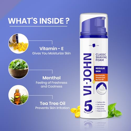 Image of VI - JOHN Shaving Foam For Men,Classic Regular Shaving Foam With Goodness Of Nature,Tea Tree Oil,Vitamin E Enriched And Anti- Bacterial Formula(200Gm- Pack Of 1)