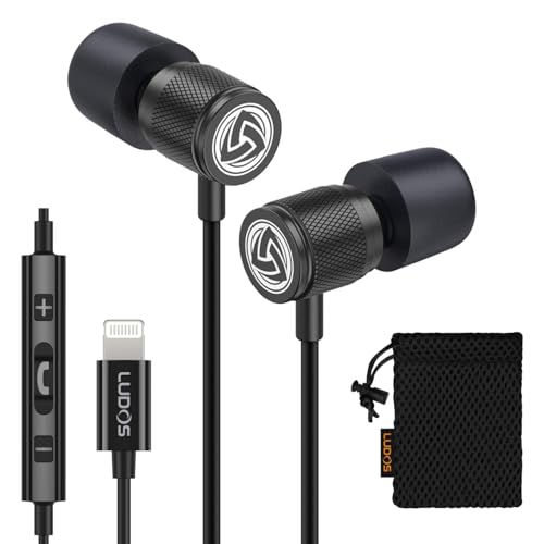 LUDOS Ultra iPhone Wired Headphones Earbuds Earphones with Lightning Connector Apple MFi Certified, 5 Years Warranty, for iPhone 14 13 12 11 Pro Max X XS XR 8 7 Plus with Microphone Control - Black