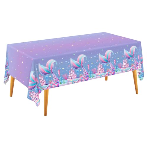 Image of Gatherfun Mermaid Party Supplies Set: 2-Pack Rectangular Plastic Tablecloths, 54 x 108 Inches, Purple (Gradient) Mermaid Pattern, Kids & Girls 1st Birthday Decorations