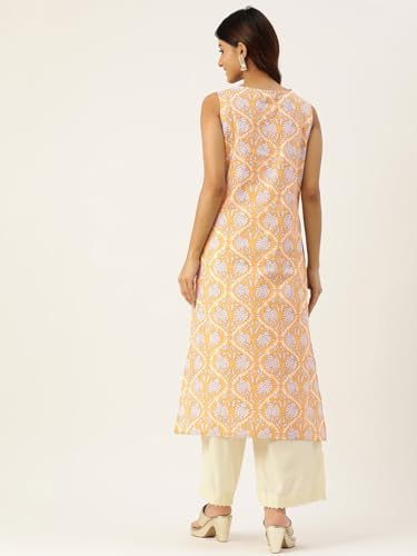 Image of feranoid Women's Pure Cotton Floral Print Straight Kurti | Elegant Curved V-Neck | Sleeveless Calf-Length Ethnic Wear | Comfortable Regular Fit | Sizes XS-XXL