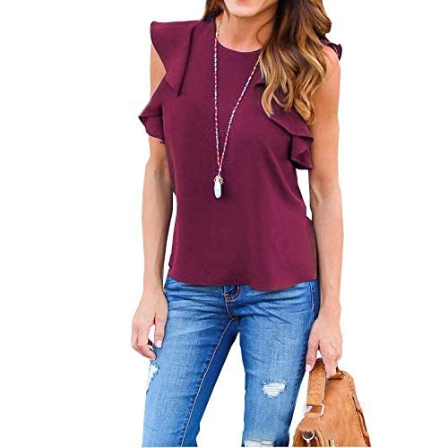 GenericWorldCare® Women Blouse Summer O Neck Sleeveless Ruffles Shirts Casual Slim Solid Blusas Plus Size Tee Tops Color Wine Red Size M147214 | Pack of 1