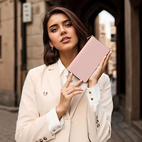 Retro gold pink pinstripe print A Wallet Women Men, Long PU Leather Wallets for Women, Cute Womens Travel Wallet Purse Pouch with Zipper Pocket 6