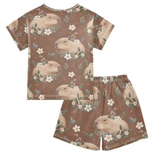 Pajama Short Sets Capybara Floral Brown Background Soft Cotton Summer Sleepwear 2 Piece PJS Size 5-14T2