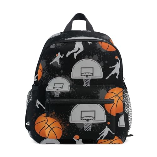 Orange Basketballs Toddler Girl Backpack with Name Tag, Small Kids School Bag Travel Back Pack, 3-8 Years