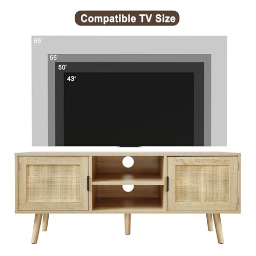 Anmytek Farmhouse Rattan TV Stand Modern Wood Media Entertainment Center Console Table for TVs up to 55 Inches with 2 Doors and 2 Open Shelves, Natural Oak, H0015 - Image 5