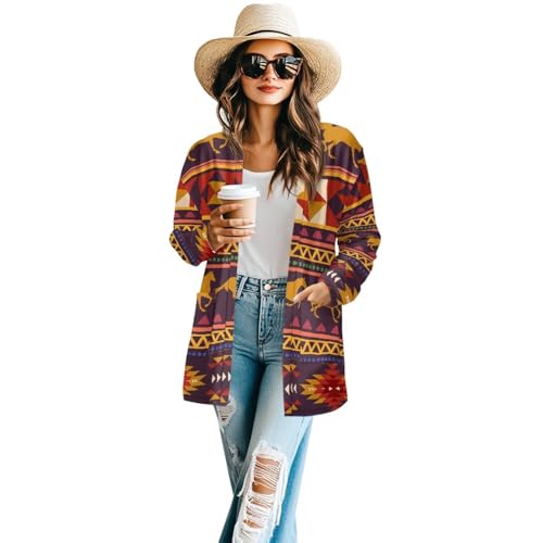 Image of Women's Aztec Open-Front Jacket Lightweight Casual Outerwear Native Western Aztec Pattern & Plaid Houndstooth Print