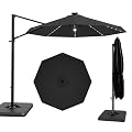 Devoko 10ft Solar LED Patio Umbrella with Base Included, Round Cantilever Outdoor Umbrella with Lights and 360-Degree Rotation, Large Hanging Offset Market Umbrella for Patio Deck Garden, Black