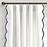Lush Decor Coastal Chic Scalloped Edge Light Filtering Window Curtain Panels Pair, 52' W x 84' L, Navy & White - White Curtains for Living Room - Coastal Decor