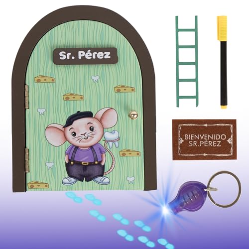 GreatDreams® Kit Ratoncito Perez Magico - Puerta que Abre y Brilla en la Oscuridad - Puerta Ratoncito Pérez con Rastreador de Huellas - Casita Ratoncito Perez Caja Dientes - Puerta Magica de Madera
