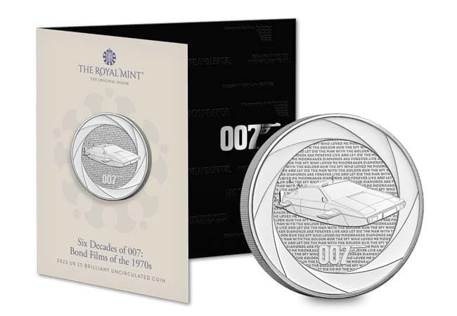 CrawleyCoins 2023 Six Decades of James Bond 007 – 1970 £5 Brilliant Uncirculated Coin in Mint Pack