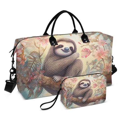 Large Travel Duffel Bag, Cute Sloth in Branch Sports Tote Gym Bag, Shoulder Weekender Overnight Bag for Women Men, Carry On Luggage with Toiletry Bags