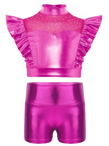 Sparkly Practice Dance Outfit For Kids Girls Metallic Ruffle Crop Top With Shiny Shorts For Training Hot Pink 8 Years