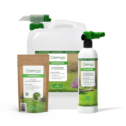 BodenLiebe Rasenblitz 10l flüssiger Rasendünger inkl. Sprühflasche und 500g NACHSAAT - Für 500m Garten - Schnelles Grün statt Gelb - Familienfreundlich & tierverträglich - Made in Germany