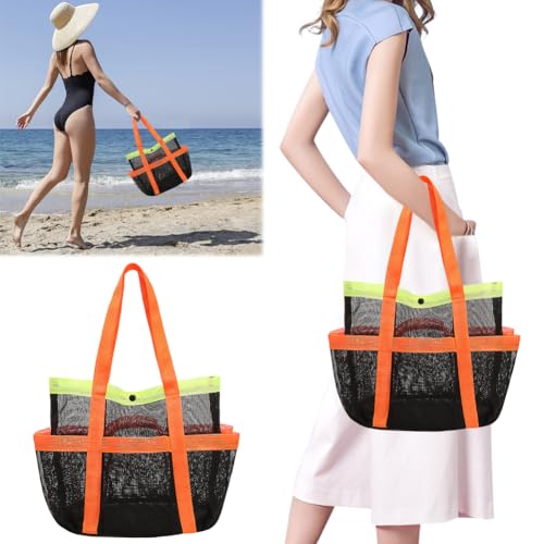 Foldable Mesh Sandproof Beach Storage Bag with 7 Pockets Waterproof Shoulder Bag Beach Tote Bag for Pool Vacation Tra2