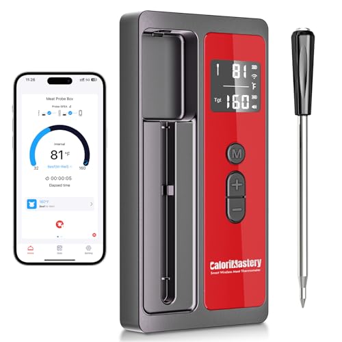 CaloriMastery Wireless Smart Bluetooth Meat Thermometer Digital for BBQ, Grill, Oven, Smoker, 500ft Range Cooking Thermometer with Ultra-Thin Wireless Meat Probe, Perfect for Steak, Chicken, Turkey