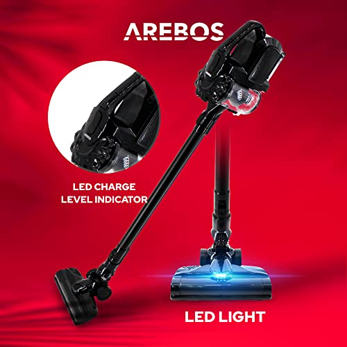 Arebos Lithium-ion-accustofzuiger | 2-in-1 hand- en vloerstofzuiger | 2 krachtige zuigmodi | led-vloerzuigmond zakloos | draadloos tot 55 minuten | met wandlaadstation | Zwart, rood of blauw (Zwart) - Image 4