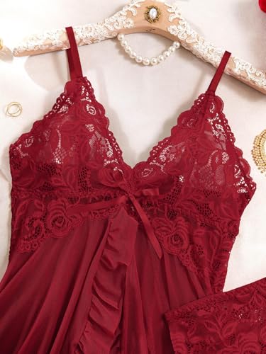 Image of Foxiny Sexy Ruffle Sheer Mesh Lace Wireless Babydoll Lingerie Dress with Thong 2 Piece