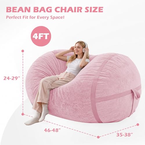Image of 4FT Bean Bag Chair 4'Big Bean Bag Chairs with Adults, Large Beanbag Chair | Bean bag Lounger with Machine Washable Cover Luxurious Velvet Fabric, Comfy Chairs for Living Room, Bedroom, Dorm, Pink