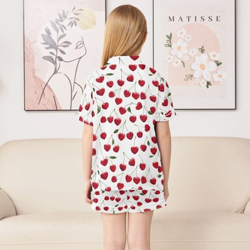 ALAZA Fruit Cherry Heart White Satin Pajamas Set Short Sleeve Button Down Sleepwear Summer Pjs 2 Piece4