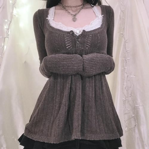 Women Y2K Babydoll Sweater Flare Hem Fairycore Shirt Blouse Long Sleeve Scoop Neck Sweet Cute Knit Top 2000s3