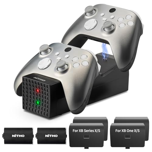 Nitho Ladestation mit 2 Wiederaufladbaren Akkus für Xbox One/Series X|S/Elite Controller, Xbox Controller Schnelllade Ladegerät mit 2 x 3000mWh Akkus, LED-Ladeanzeige