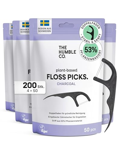 Zahnseide Stick pflanzlich und nachhaltig von The Humble Co. - 200 Stück (4×50) Zahnseide Sticks mit Minze und Aktivkohle Doppel-Faden zur Zahnreinigung Zwischenräume von Zahnärzten empfohlen