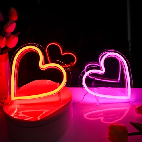 Image of Britrio Pink Heart Neon Sign, Red Heart LED Neon Light Room Decor for Girl Bedroom for Birthday Party Home Wall Decoration Mothers Day Valentine Gifts Battery Operated or USB Powered