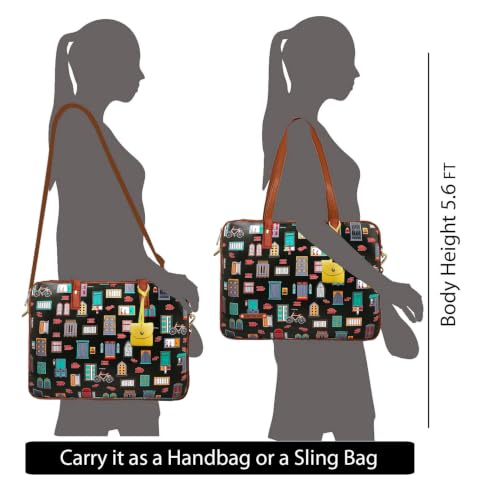 Image of Funk For Hire Women's Black and Brown Printed Faux Leather 15.6 inch Laptop Handbag Sling with Waterproof Nylon Lining Cushioned Sleeve Adjustable Padded Strap Organizer