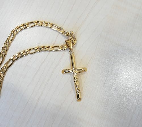 14K Gold Cross Crucifix Necklace Pendant Charm with 5MM Figaro Chain Gift for Men Women Jesus Crucifix Baptism Religious Gift4