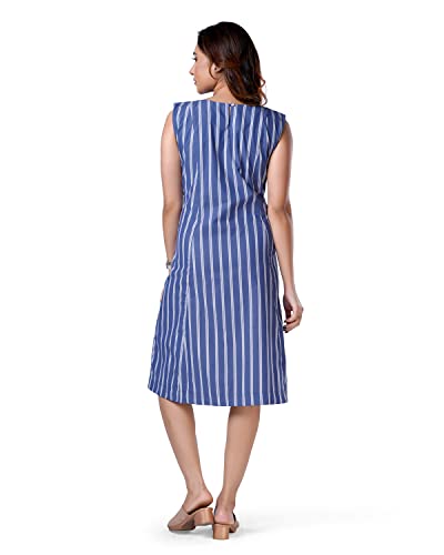 Image of charcoal fashion Women's Blue Striped A-Line Dress with Pockets