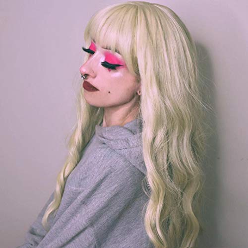 AISI QUEENS Long Curly Wig Blonde Synthetic Natural Long Wavy Wig with Bangs Heat Resistant Fiber for Women (Platinum Blonde)