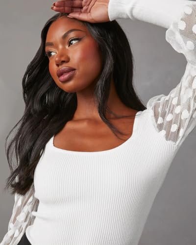 Image of miduo Womens Tops Square Neck Polka Dot Balloon Long Sleeve Top Shirts Slim Knit Ribbed Tops Blouses
