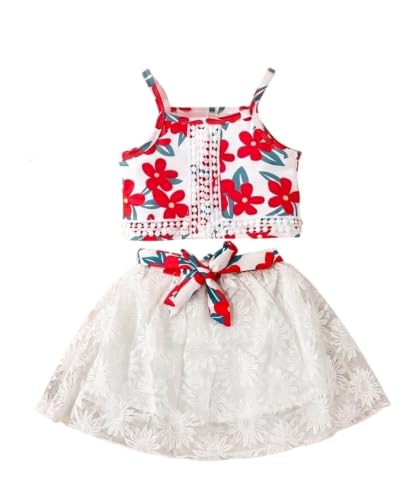 Image of TAGAS Girls Girls Floral Crop Top and White Lace Skirt Set - Summer Sleeveless 2-Piece Outfit with Bow Belt - Casual Party Dress for Kids