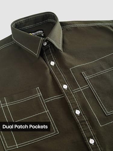 Image of Beyoung Cotton Contrast Stitch Relaxed Fit Shirt for Men | Dual Pockets | Full Sleeves | Casual Shirt