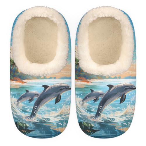 Sea Beach Dolphin Slippers for Women Men, Ocean Animal House Slippers Socks Warm Fuzzy Memory Foam Indoor Slippers Lightweight Cozy Anti-Skid Closed Back Home Shoes, Medium