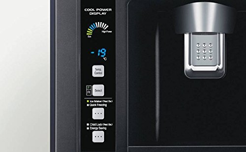 Digital control panel inside the refrigerator, showing temperature settings, ice maker, quick freezing, child lock, and energy saving options.