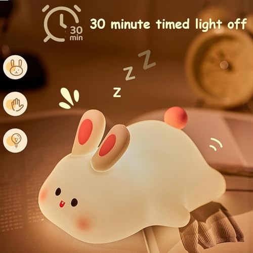 Image of One94Store Kids Cute Little Rabbit Touch Silicone Night Lamp - Rechargeable LED Bedside Lamp for Children's Bedroom, Romantic Decor, Valentine Day Gift, Love Gift for Her, Couple Gift