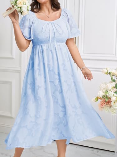Image of SCOMCHIC Women's Plus Size Formal Dresses Square Neck Short Sleeve Lace Floral Smocked Flowy Long Maxi Wedding Guest Dress