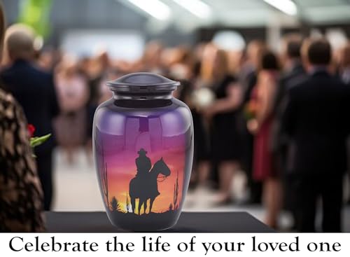Image of Cowboy Cremation Urn for Human Ashes - Western Sunset Horse & Rider Urn - Beautiful Adult Funeral & Memorial Urn up to 210 lbs with Velvet Bag (Large)