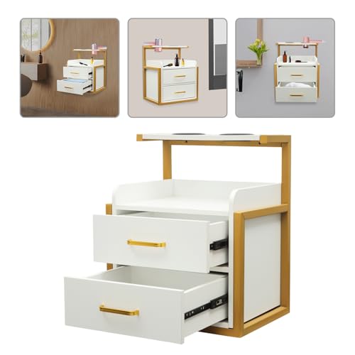 Suspended Salon Wall Cabinet, Wall Mounted Styling Salon Station, Hair Cutting Station w/2 Storage Drawers&Hair Dryer Stand, Facial Salon Storage Cabinet for Hair Salon,Home,Beauty Shops (Gold+White)