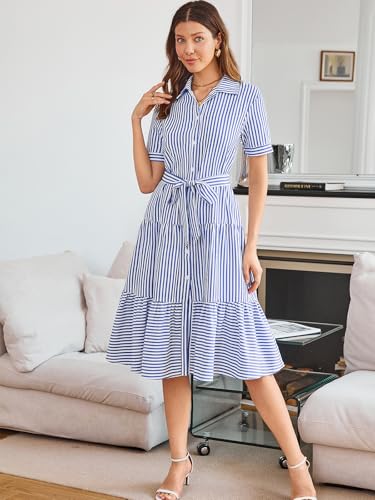 BROVAVE Summer Midi Dress for Women: Striped Button Down Casual Clothing - Collared Flowy Classy Short Sleeve Dresses2
