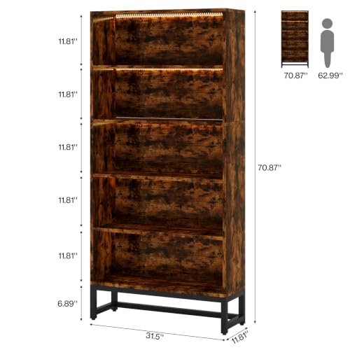 Image of Tribesigns Tall Bookcase and Bookshelf, 70.8 inch Large Bookcases Organizer with LED Lights, Heavy Duty Free-Standing Library Bookshelf with 5-Tier Storage Shelves for Living Room, Bedroom (Rustic Brown)