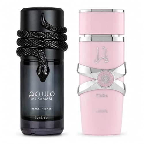 Lattafa Musamam Black Intense & Yara Eau de Parfum Gift Set | 2 x 100ml (3.4 fl oz) | Premium Long-Lasting Fragrance Collection for Women & Men | Floral, Gourmand, Woody & Spicy Perfume Duo