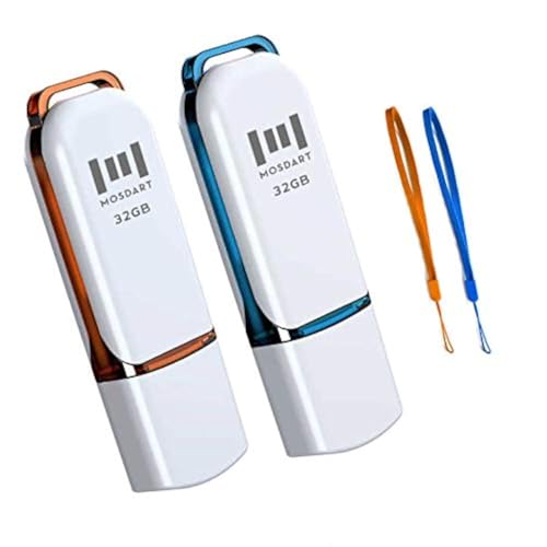 MOSDART 32GB USB 2.0 Flash Drive, with LED Light and Lanyards, FAT32 Memory Stick for Computers, System Backup, Data Storage, Orange and Blue(Pack of 2)