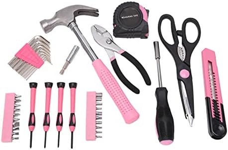 39 Pcs Household Tool Kit Pink Portable Hand Toolbox Hammer Screwdriver Wrench Repair Maintenance Tool Set for Girl - 2