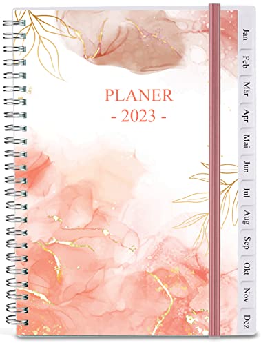 2023 Planer, A5 Wochenplaner mit Monatsregistern, Gesäßtasche, elastischer Verschluss, flexibler Einband, Doppeldrahtbindung, einfache Organisation des täglichen Lebens, 14,8×21cm, Pink